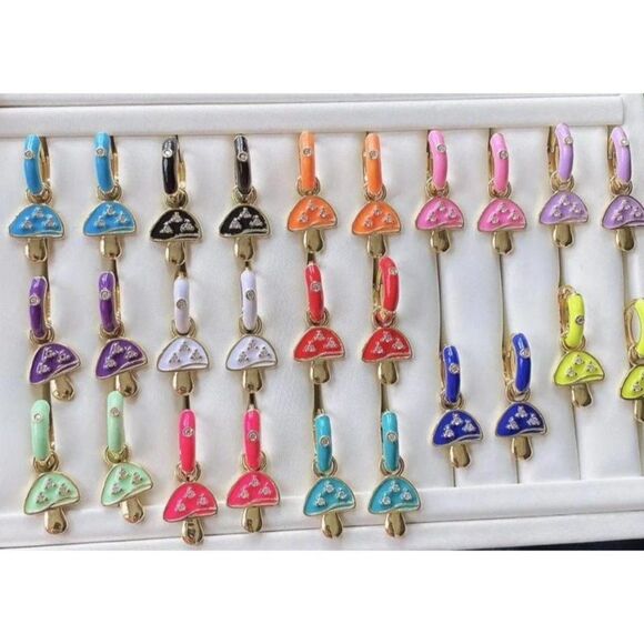 Gold Plated Rainbow Colored Enamel Mushroom Capped Huggie Hoop Festival Earrings - Picture 2 of 13